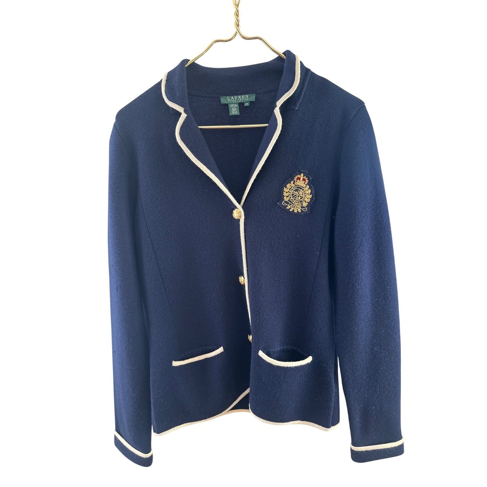 Lauren Ralph Lauren Petite Navy Merino Wool Knit Crest Blazer Sweater P/M